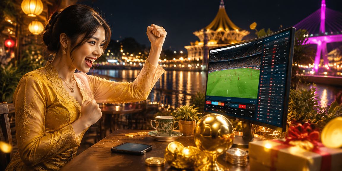 Peminat bola sepak Kuching bertaruh dalam talian menggunakan telefon pintar dengan pakaian kebaya
